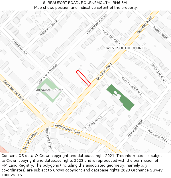 8, BEAUFORT ROAD, BOURNEMOUTH, BH6 5AL: Location map and indicative extent of plot