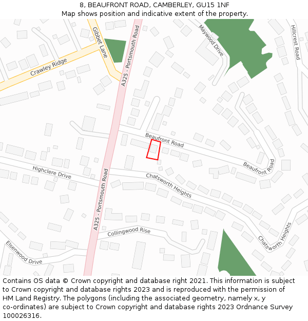 8, BEAUFRONT ROAD, CAMBERLEY, GU15 1NF: Location map and indicative extent of plot