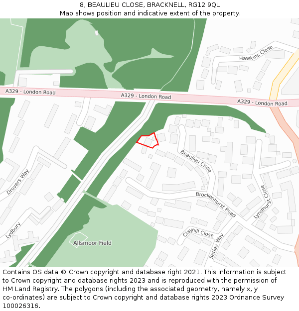 8, BEAULIEU CLOSE, BRACKNELL, RG12 9QL: Location map and indicative extent of plot