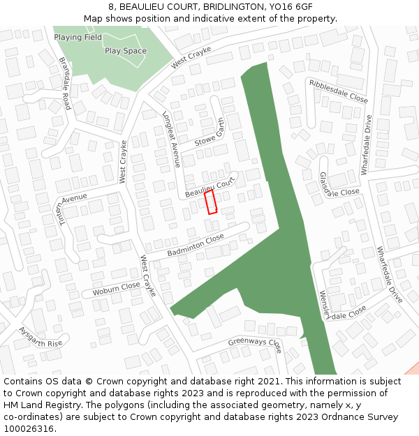 8, BEAULIEU COURT, BRIDLINGTON, YO16 6GF: Location map and indicative extent of plot