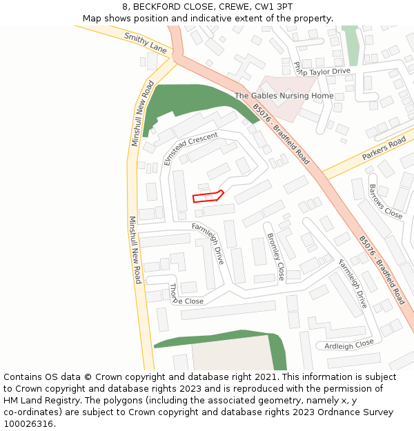 8, BECKFORD CLOSE, CREWE, CW1 3PT: Location map and indicative extent of plot