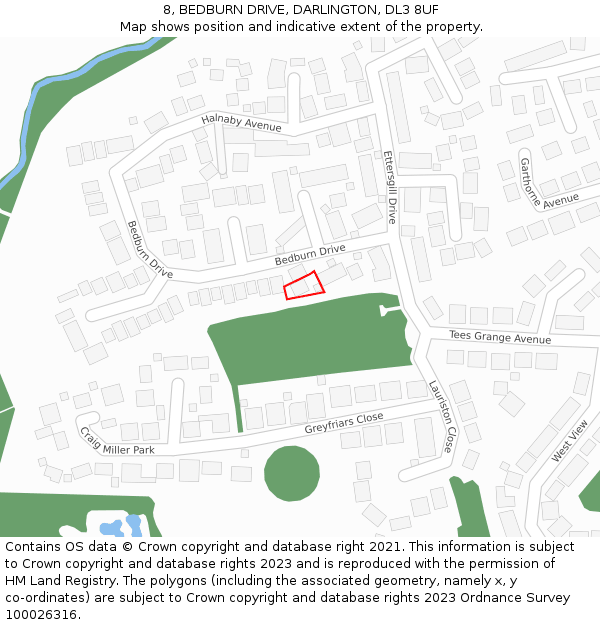8, BEDBURN DRIVE, DARLINGTON, DL3 8UF: Location map and indicative extent of plot