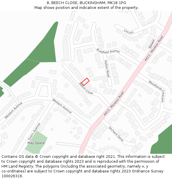 8, BEECH CLOSE, BUCKINGHAM, MK18 1PG: Location map and indicative extent of plot