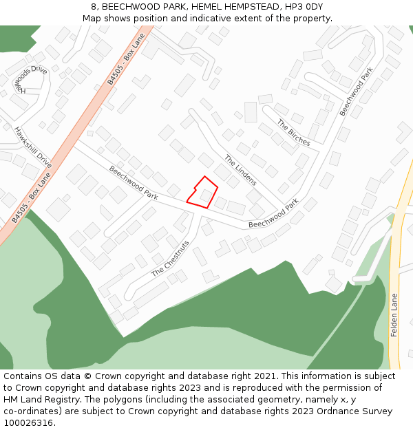 8, BEECHWOOD PARK, HEMEL HEMPSTEAD, HP3 0DY: Location map and indicative extent of plot