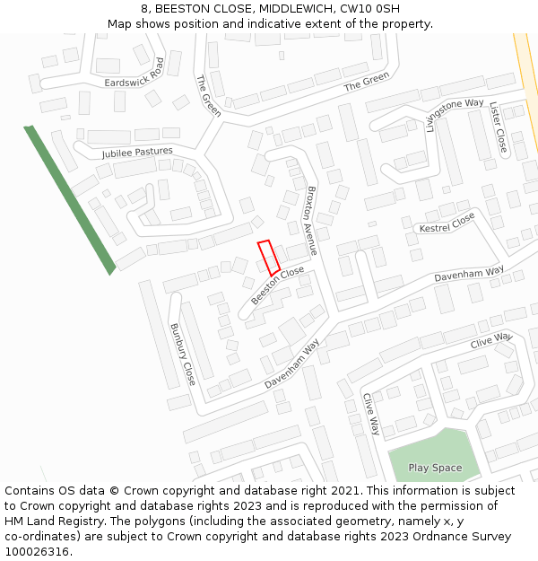 8, BEESTON CLOSE, MIDDLEWICH, CW10 0SH: Location map and indicative extent of plot