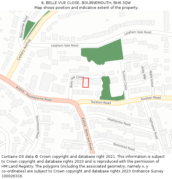 8, BELLE VUE CLOSE, BOURNEMOUTH, BH6 3QW: Location map and indicative extent of plot