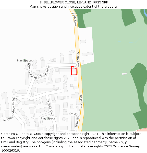 8, BELLFLOWER CLOSE, LEYLAND, PR25 5RF: Location map and indicative extent of plot