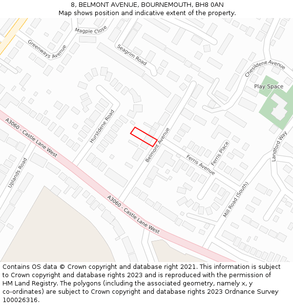 8, BELMONT AVENUE, BOURNEMOUTH, BH8 0AN: Location map and indicative extent of plot
