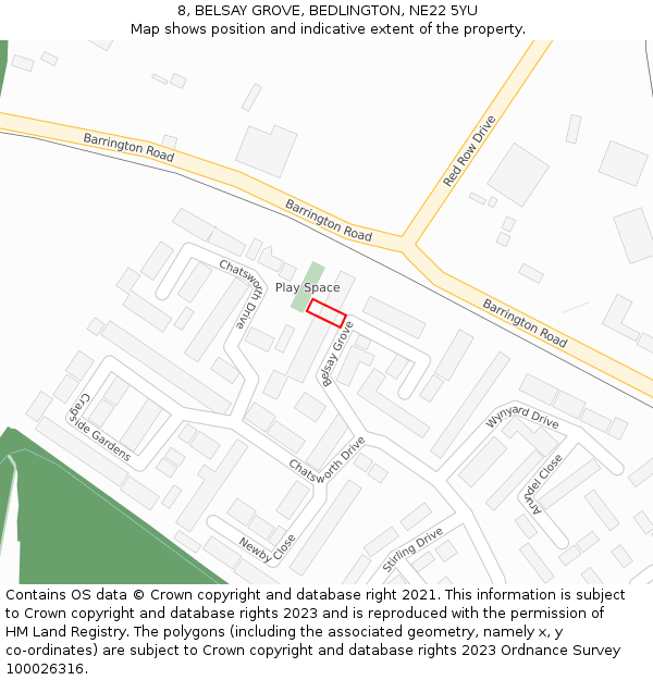8, BELSAY GROVE, BEDLINGTON, NE22 5YU: Location map and indicative extent of plot