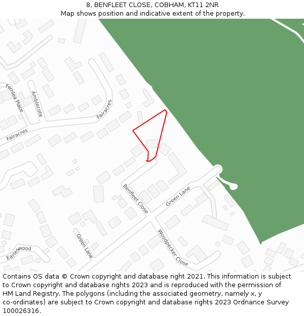 8, BENFLEET CLOSE, COBHAM, KT11 2NR: Location map and indicative extent of plot