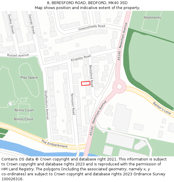 8, BERESFORD ROAD, BEDFORD, MK40 3SD: Location map and indicative extent of plot