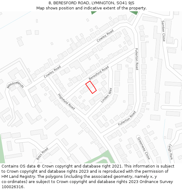 8, BERESFORD ROAD, LYMINGTON, SO41 9JS: Location map and indicative extent of plot