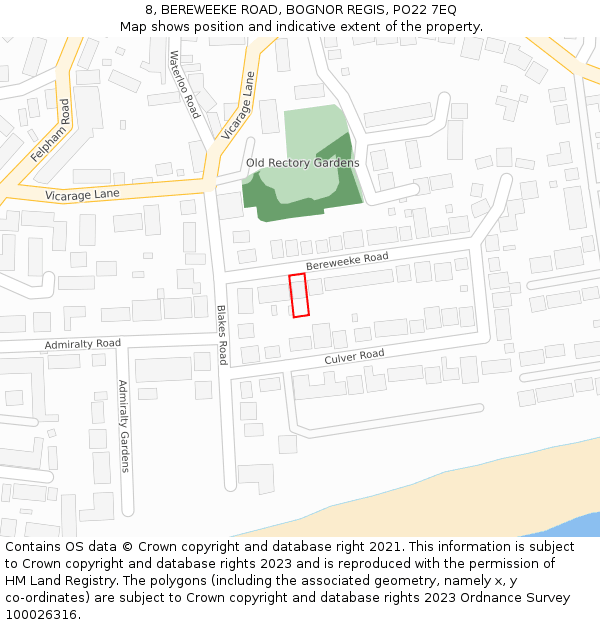 8, BEREWEEKE ROAD, BOGNOR REGIS, PO22 7EQ: Location map and indicative extent of plot