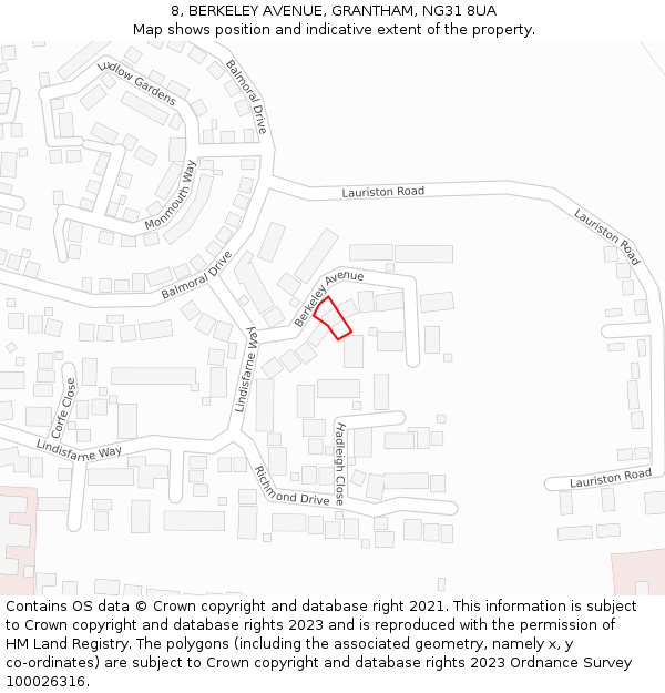 8, BERKELEY AVENUE, GRANTHAM, NG31 8UA: Location map and indicative extent of plot