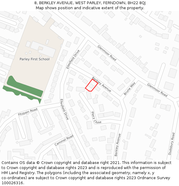 8, BERKLEY AVENUE, WEST PARLEY, FERNDOWN, BH22 8QJ: Location map and indicative extent of plot