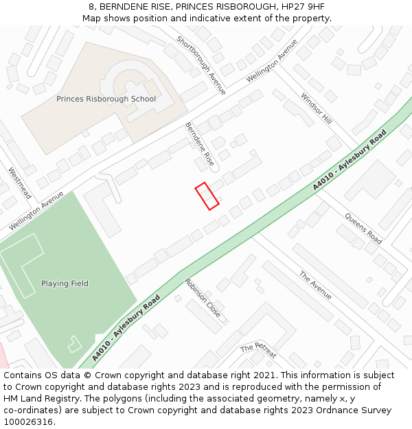 8, BERNDENE RISE, PRINCES RISBOROUGH, HP27 9HF: Location map and indicative extent of plot