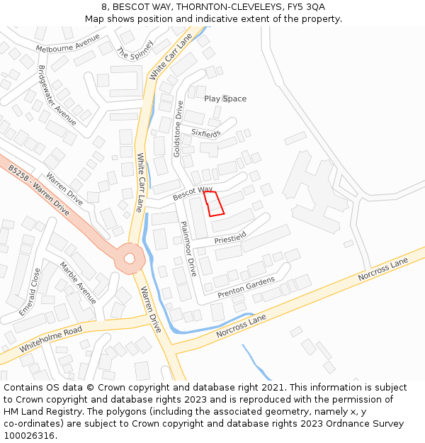 8, BESCOT WAY, THORNTON-CLEVELEYS, FY5 3QA: Location map and indicative extent of plot