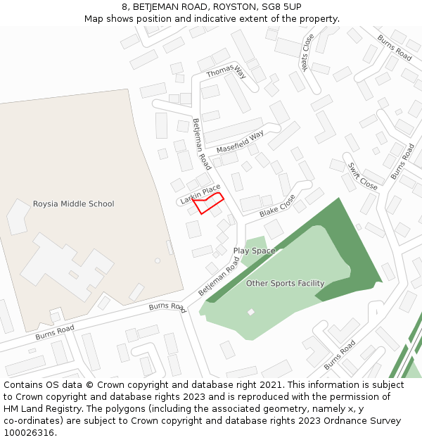 8, BETJEMAN ROAD, ROYSTON, SG8 5UP: Location map and indicative extent of plot
