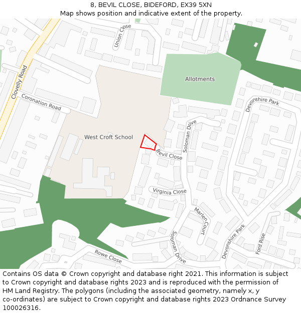 8, BEVIL CLOSE, BIDEFORD, EX39 5XN: Location map and indicative extent of plot