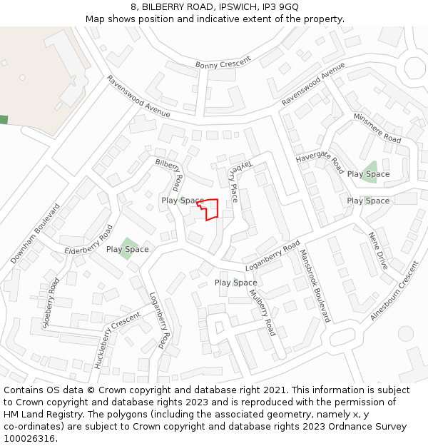 8, BILBERRY ROAD, IPSWICH, IP3 9GQ: Location map and indicative extent of plot