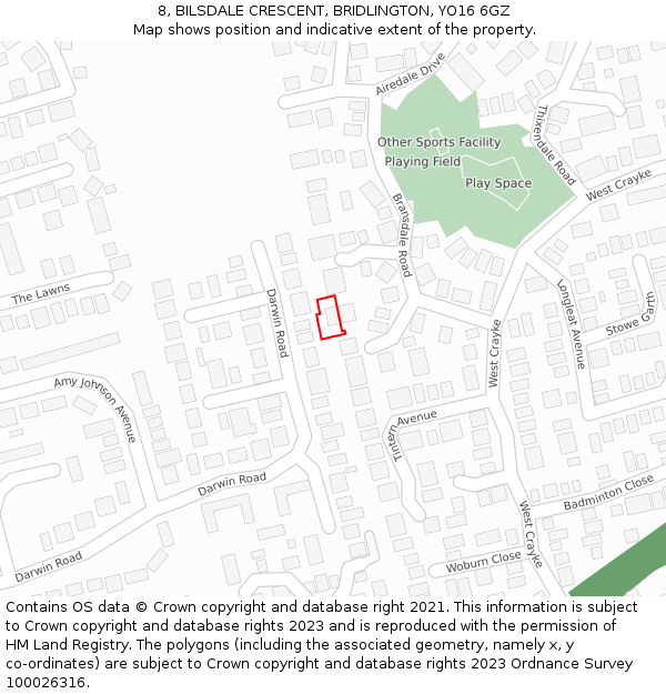 8, BILSDALE CRESCENT, BRIDLINGTON, YO16 6GZ: Location map and indicative extent of plot