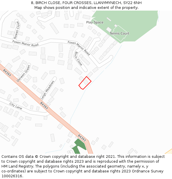 8, BIRCH CLOSE, FOUR CROSSES, LLANYMYNECH, SY22 6NH: Location map and indicative extent of plot