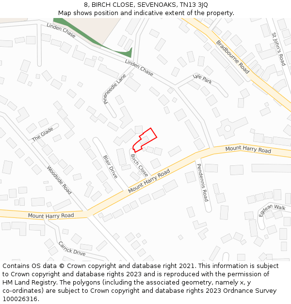 8, BIRCH CLOSE, SEVENOAKS, TN13 3JQ: Location map and indicative extent of plot