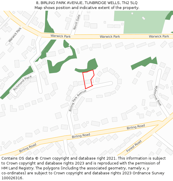 8, BIRLING PARK AVENUE, TUNBRIDGE WELLS, TN2 5LQ: Location map and indicative extent of plot