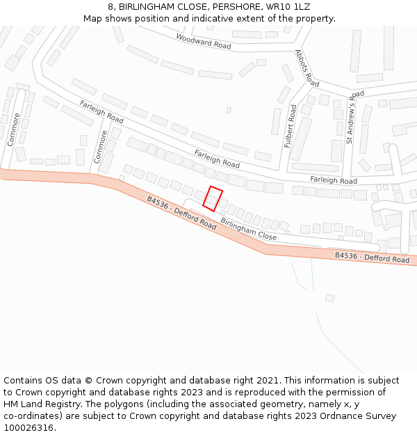 8, BIRLINGHAM CLOSE, PERSHORE, WR10 1LZ: Location map and indicative extent of plot