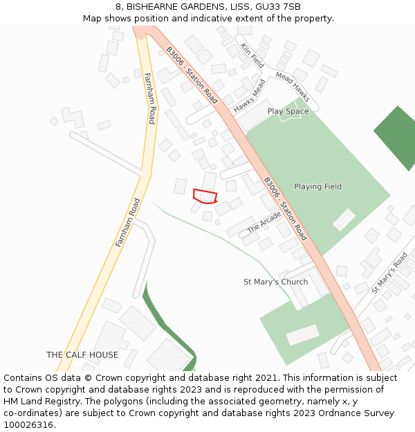 8, BISHEARNE GARDENS, LISS, GU33 7SB: Location map and indicative extent of plot