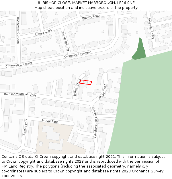 8, BISHOP CLOSE, MARKET HARBOROUGH, LE16 9NE: Location map and indicative extent of plot