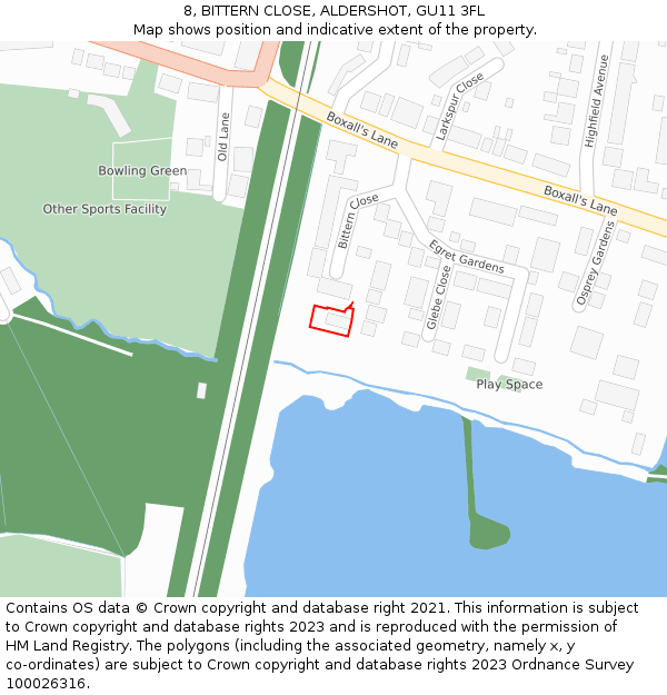 8, BITTERN CLOSE, ALDERSHOT, GU11 3FL: Location map and indicative extent of plot