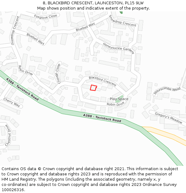 8, BLACKBIRD CRESCENT, LAUNCESTON, PL15 9LW: Location map and indicative extent of plot