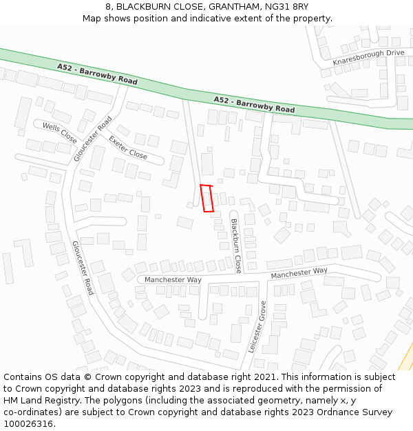 8, BLACKBURN CLOSE, GRANTHAM, NG31 8RY: Location map and indicative extent of plot