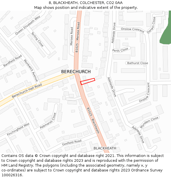 8, BLACKHEATH, COLCHESTER, CO2 0AA: Location map and indicative extent of plot