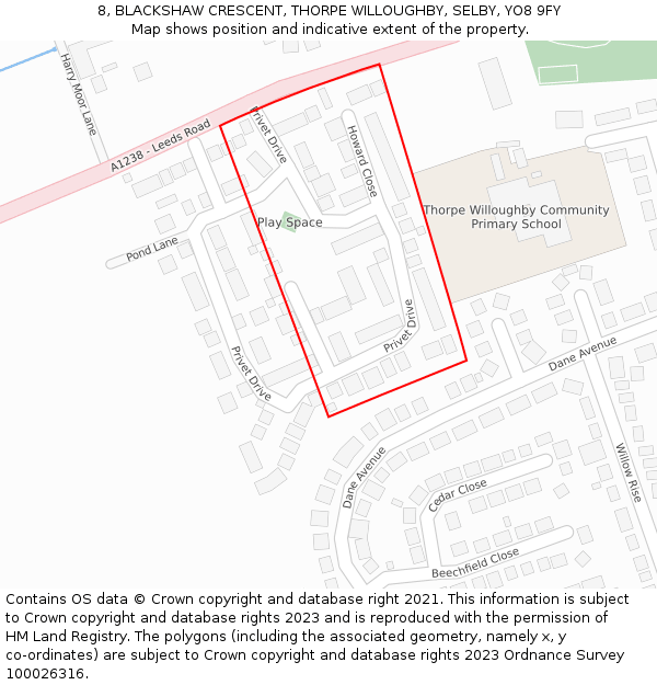 8, BLACKSHAW CRESCENT, THORPE WILLOUGHBY, SELBY, YO8 9FY: Location map and indicative extent of plot