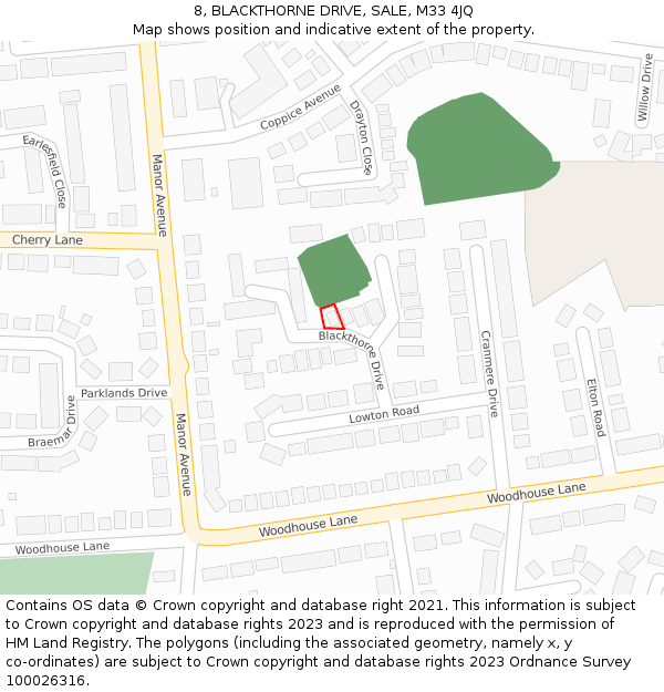 8, BLACKTHORNE DRIVE, SALE, M33 4JQ: Location map and indicative extent of plot