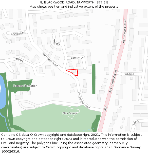 8, BLACKWOOD ROAD, TAMWORTH, B77 1JE: Location map and indicative extent of plot