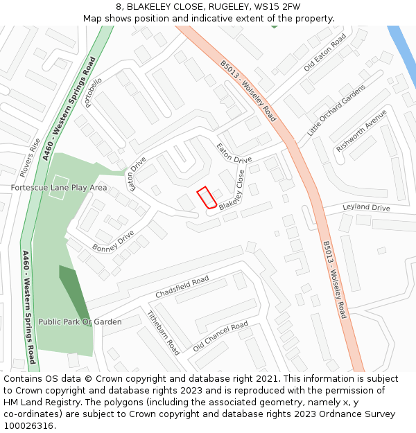 8, BLAKELEY CLOSE, RUGELEY, WS15 2FW: Location map and indicative extent of plot