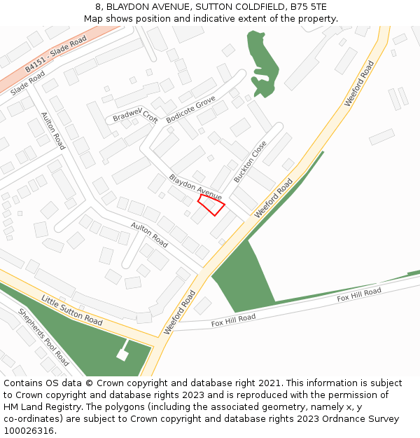8, BLAYDON AVENUE, SUTTON COLDFIELD, B75 5TE: Location map and indicative extent of plot