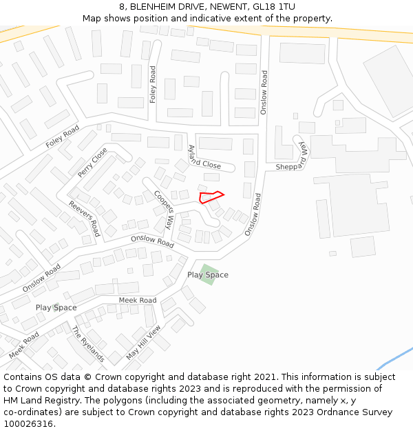 8, BLENHEIM DRIVE, NEWENT, GL18 1TU: Location map and indicative extent of plot