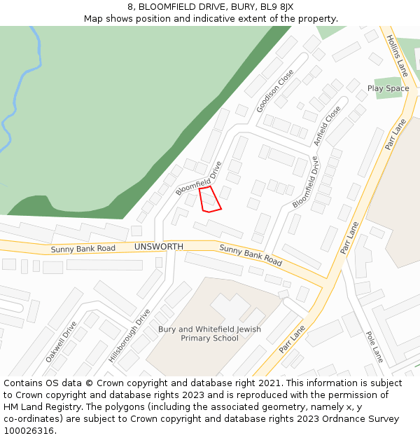 8, BLOOMFIELD DRIVE, BURY, BL9 8JX: Location map and indicative extent of plot