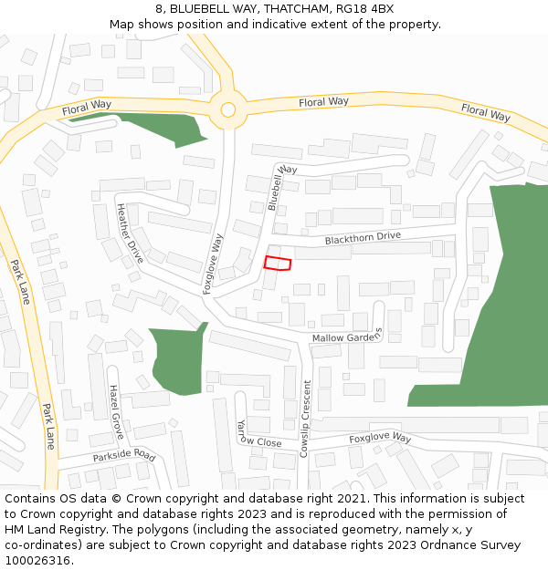 8, BLUEBELL WAY, THATCHAM, RG18 4BX: Location map and indicative extent of plot