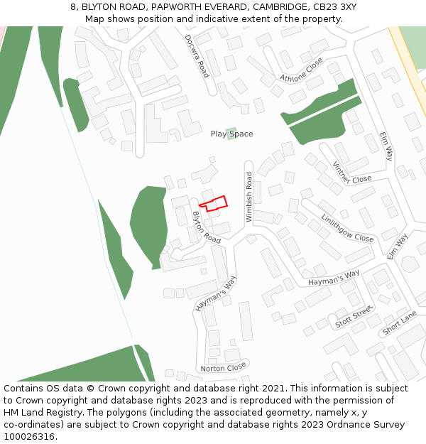 8, BLYTON ROAD, PAPWORTH EVERARD, CAMBRIDGE, CB23 3XY: Location map and indicative extent of plot
