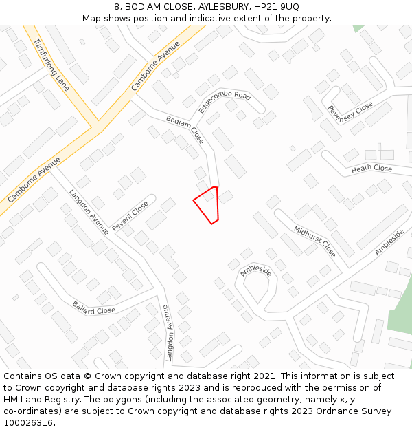 8, BODIAM CLOSE, AYLESBURY, HP21 9UQ: Location map and indicative extent of plot