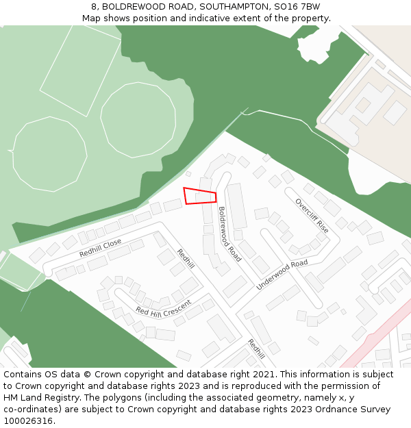 8, BOLDREWOOD ROAD, SOUTHAMPTON, SO16 7BW: Location map and indicative extent of plot