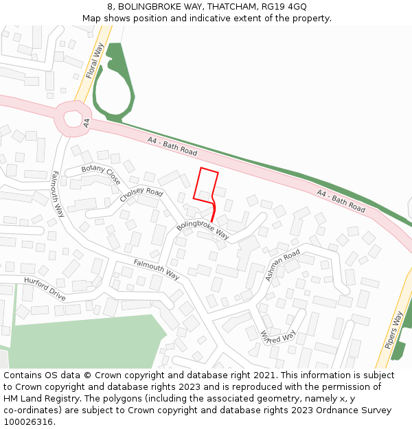 8, BOLINGBROKE WAY, THATCHAM, RG19 4GQ: Location map and indicative extent of plot