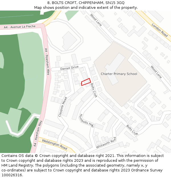 8, BOLTS CROFT, CHIPPENHAM, SN15 3GQ: Location map and indicative extent of plot