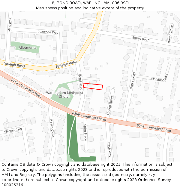 8, BOND ROAD, WARLINGHAM, CR6 9SD: Location map and indicative extent of plot