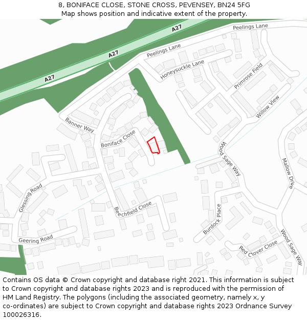 8, BONIFACE CLOSE, STONE CROSS, PEVENSEY, BN24 5FG: Location map and indicative extent of plot